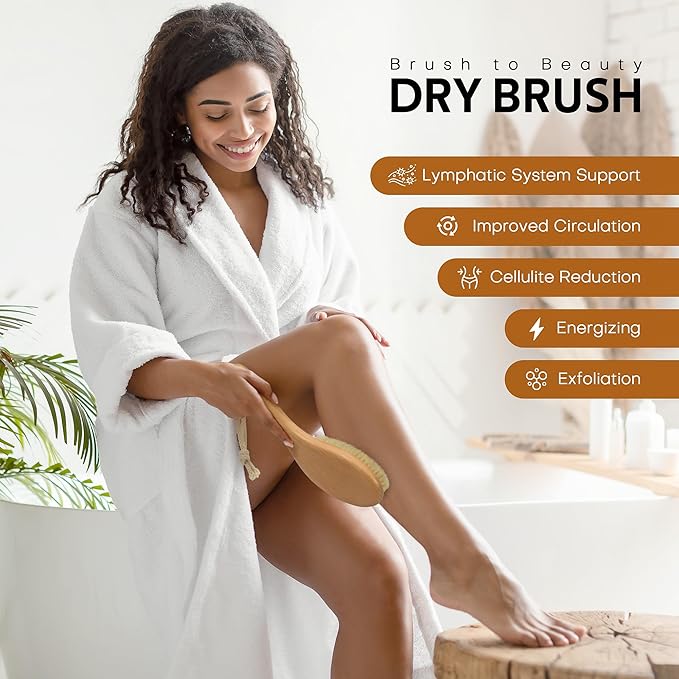 Dry Brush for Body, Natural Bristle Dry Exfoliating Body Brush for Skin Care, Cellulite, Lymphatic Drainage
