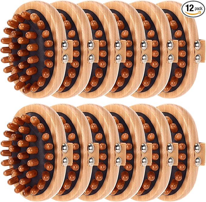 Patelai 12 Pack Wooden Lymphatic Massage Tools with Air Cushion & Elastic Band Cellulite Remover & Body Shaping Kit Meridian Brush, Gua Sha Comb for Scalp, Muscle Pain Relief & Hair Growth