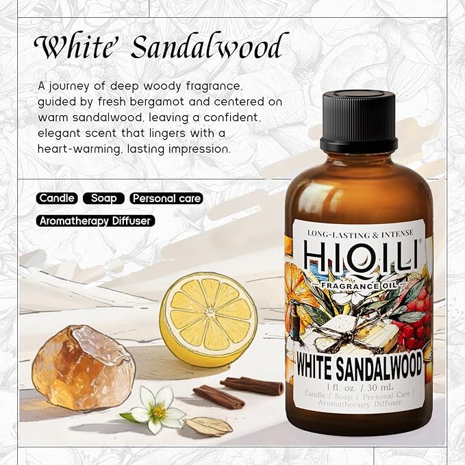 HIQILI White Sandalwood Fragrance Oil for Making Candle, Scented Home Decor, Room Spray, Skin & Body, Essential Oil Diffuser - 1 Fl Oz