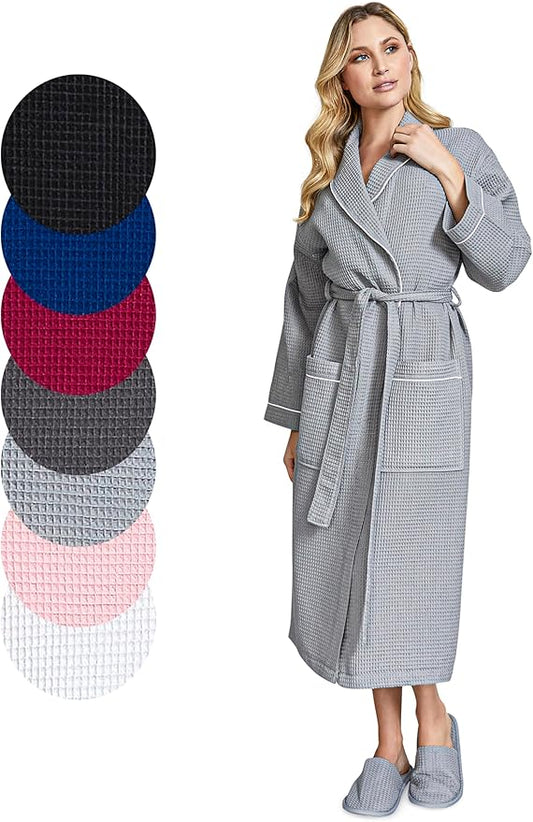 Lotus Linen Waffle Robes for Women - Lightweight Cotton Kimono Bathrobe - Long Soft Spa Bath Robe