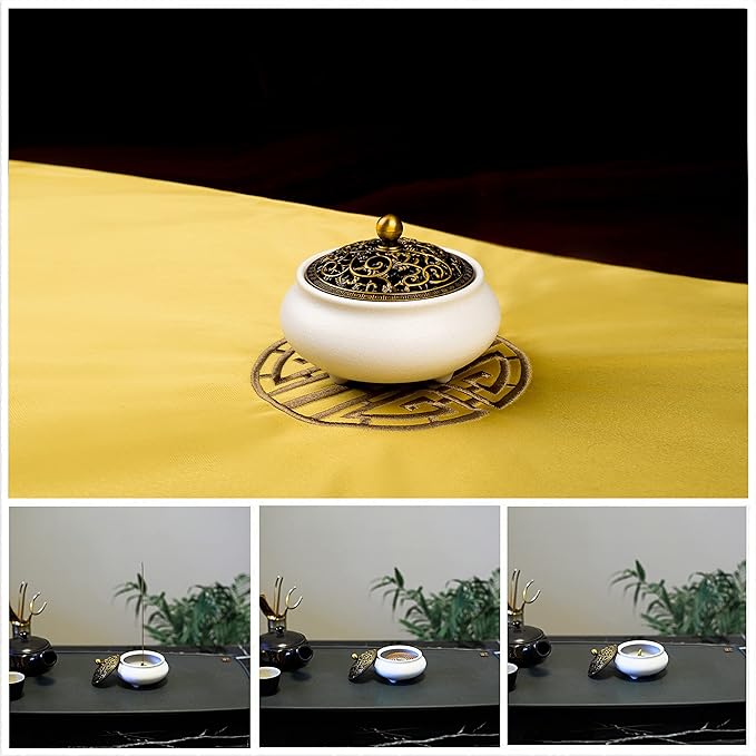 Cone Incense Burner Gift Set – Ceramic Burner with Metal Lid, Holder & Fireproof Cotton – for Stick, Cone & Coil (White)
