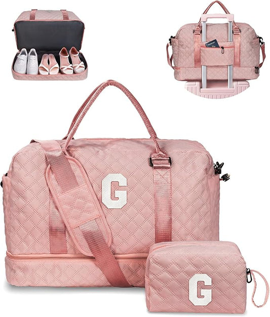 Gifts for Girls-Kids Duffle Bag with Shoe Compartment, Girls Weekender Bag, Monogram Overnight Bag, Letter Travel Bag with Makeup Bag，Personalized Gift Idea for Women Her (Letter G)