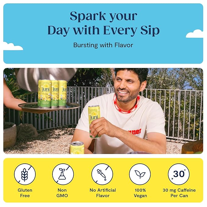 Juni Sparkling Adaptogen Drink with Ashwagandha, Lion’s Mane & Reishi Mushrooms | Green Tea for Focus, Zero Sugar, 10 Calories, Organic | Non Alcoholic Drinks - Lemonade Iced Tea 12 pack