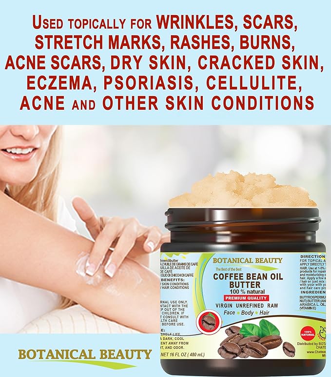 Botanical Beauty COFFEE BEAN OIL BUTTER 100% Natural VIRGIN RAW UNREFINED 4 Fl.oz.- 120 ml. Coffee Bean Essential Oil in Shea Nut Butter for FACE, SKIN, BODY, HAIR, NAILS.