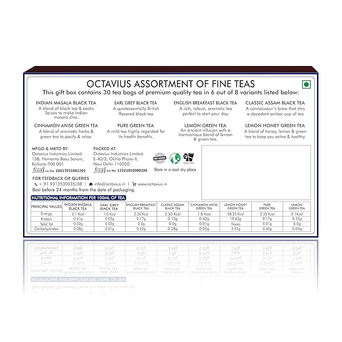 Octavius | Tile Motif Wooden Caddy Tea Sampler Pack | Assortment of 3 Black & 3 Green Teas | 30 Enveloped Double Chamber Tea Bags | Tea Sampler Variety Pack | Perfect for Tea Lovers | Pack of 1