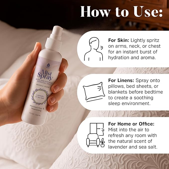 Lavender & Sea Salt Mist Body Spray – Multi-Use Aromatherapy with Essential Oils for Skin, Pillow Spray for Sleeping, Linen & Room Freshener, Hydrating Body Mist, 8.5 oz (Pack of 3)