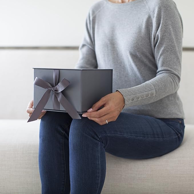 Hallmark Medium Gift Box with Lid and Shredded Paper Fill (Gray 7 inch Box) for Weddings, Graduations, Birthdays, Father's Day, Groomsmen Gifts, All Occasion