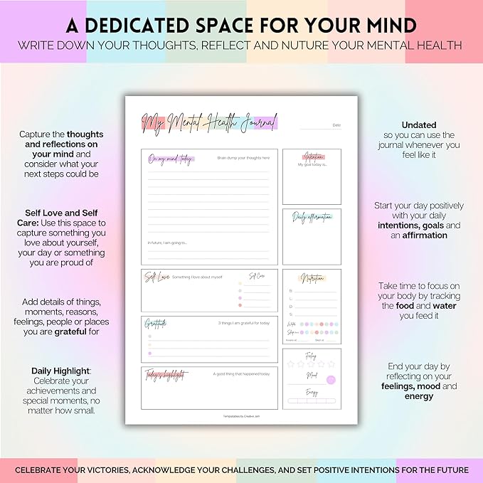 Mental Health Journal, A5 Rainbow, Daily Gratitude, Self Care, Intentions, Affirmations, Nutrition, Annual Tracker, Mood Tracker, Goals & Reflections