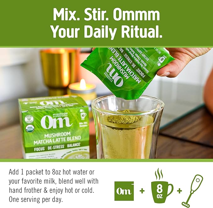 OM MUSHROOM SUPERFOOD Matcha Latte Blend Mushroom Powder, Single Serve, 10 Count, Green Tea, Lion's Mane, Reishi, Chaga, Turkey Tail, Focus & Stress Support Supplement