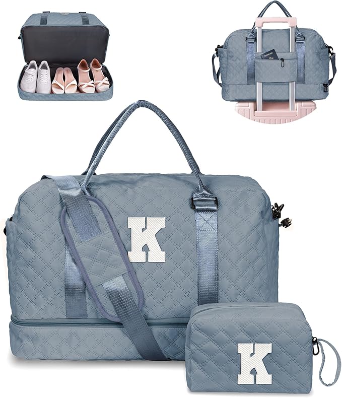 Girl Duffle With Shoe Compartment, Tween Weekend Bag, Monogram Overnight for Women With Trolley Sleeve & Wet Pocket, Letter Travel With Makeup Bag (Letter K)