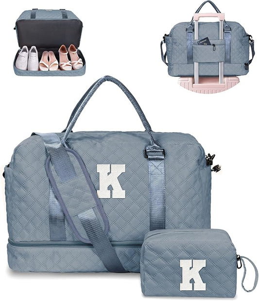 Girl Duffle With Shoe Compartment, Tween Weekend Bag, Monogram Overnight for Women With Trolley Sleeve & Wet Pocket, Letter Travel With Makeup Bag (Letter K)