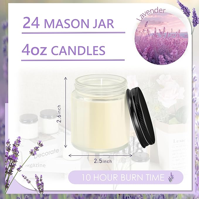 24 Pcs 4 Oz Mason Jar Candles, Lavender Scented Soy Candles Bulk Set for Stress Relief and Relaxation, Great Favors for Wedding, Christmas, Housewarming Gifts (Black-Lavender, 24)