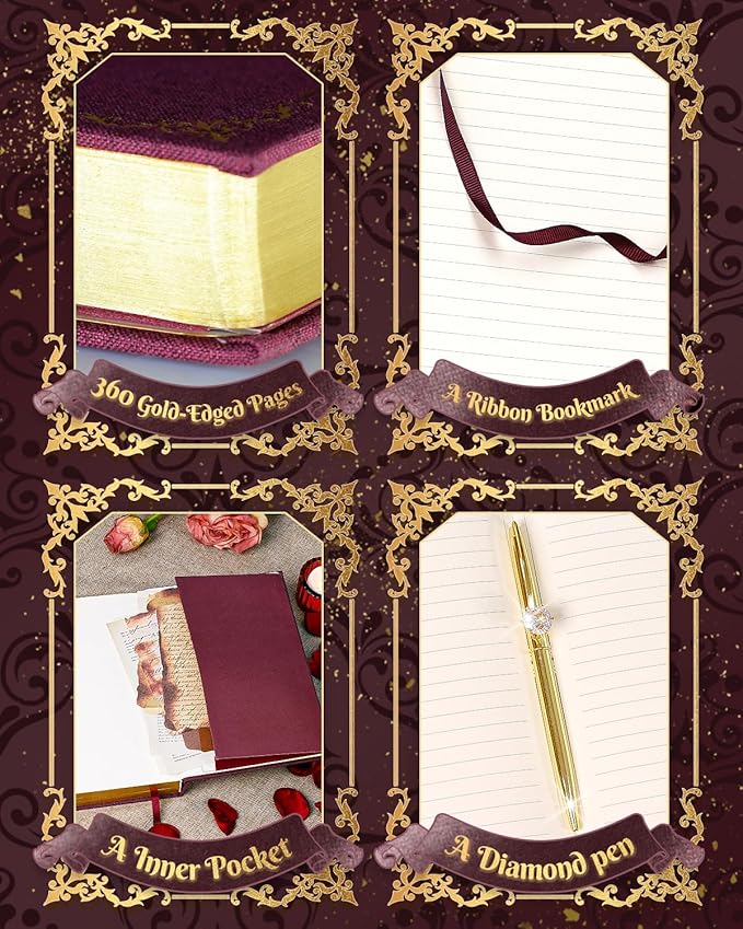 Thick Journal Notebook for Women & Girls, 360 Pages A5 Writing Journaling Notebook with Paintings, Women Journal for Writing, Vintage Journal with Gift Box & Pen for Women Gift Ideas (Claret)