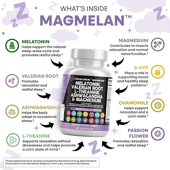 Clean Nutraceuticals Melatonin 10mg Valerian Root L Theanine 200mg Ashwagandha - Sleep Support for Women & Men with Magnesium Complex, Lemon Balm, Chamomile, & Passion Flower - 60 Caps