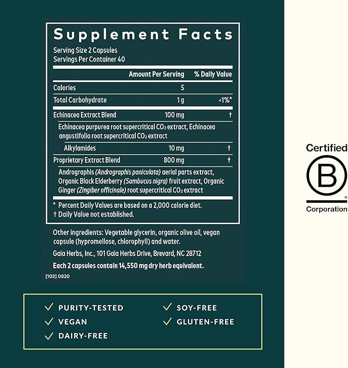 Gaia Herbs Quick Defense - Fast-Acting Immune Support Supplement* - Echinacea, Black Elderberry, Ginger & Andrographis - 80 Vegan Liquid Phyto-Capsules (8-Day Supply)