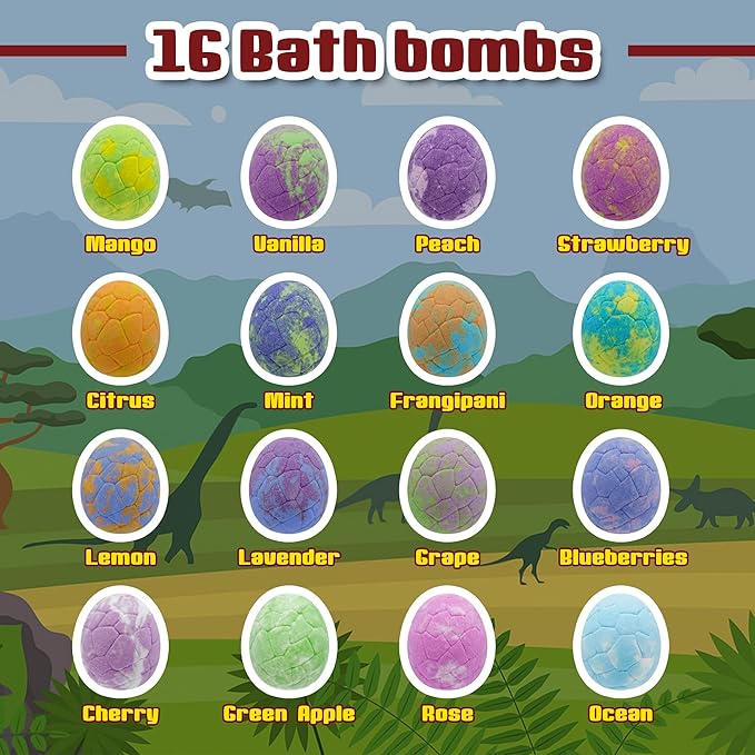 Bath Bombs for Kids with Surprise Inside, 16 Pack Kids Bath Bombs Gift Set for Easter Basket Stuffers, Dino Egg Bath Bomb Kit with 5pcs Dinosaur Bath Toy for Boys Girls Birthday,Christmas
