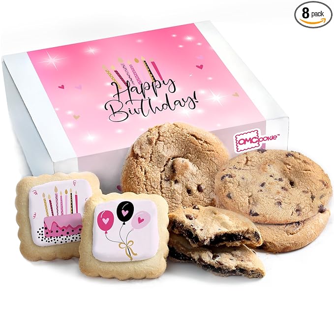 Happy Birthday Gift Basket Cookies Chocolate Chip Cookie Fudge Filled For Her Women Girls Kids | INDIVIDUALLY WRAPPED Pink Treat Food Package