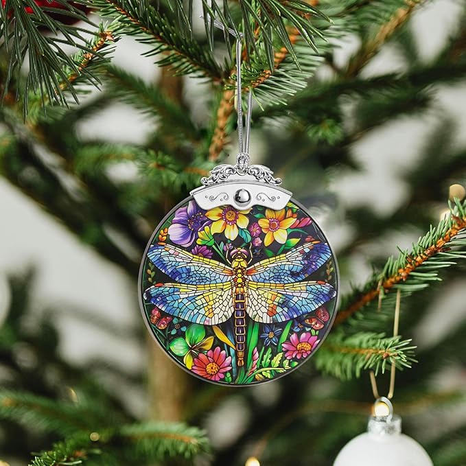 Christmas Tree Ornaments 3 Inch Clear Glass Blanks Round Print Ornament Christmas Hanging Decorative with Silver Ribbon (Dragonfly)