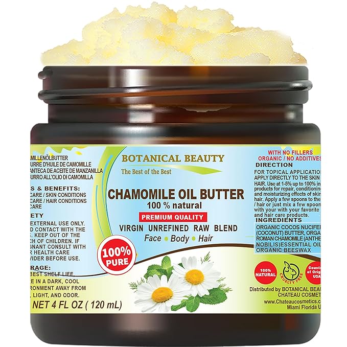 Botanical Beauty CHAMOMILE OIL BUTTER 100% Pure Natural Virgin Unrefined RAW for FACE, SKIN, BODY, DAMAGED HAIR, NAILS. Chamomile Roman Essential Oil and Coconut Oil (4 Fl Oz)