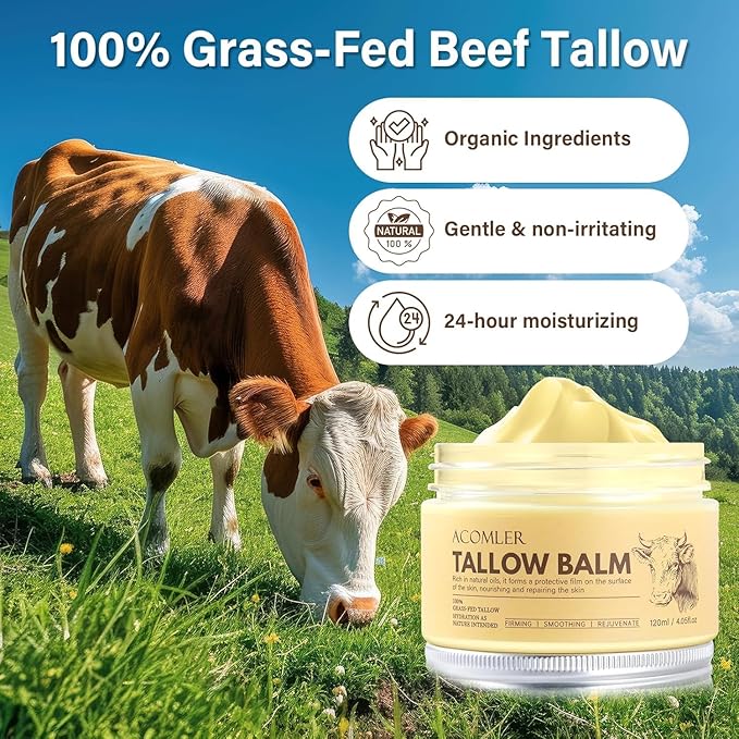 New Whipped Beef Tallow for Skin 4.05oz, 100% Organic Grass Fed Beef Tallow for Face, Pure Tallow Honey and Balm, Beef Tallow, Tallow Moisturizer for Face & Body, Natural Tallow Balm Nourish All Skin