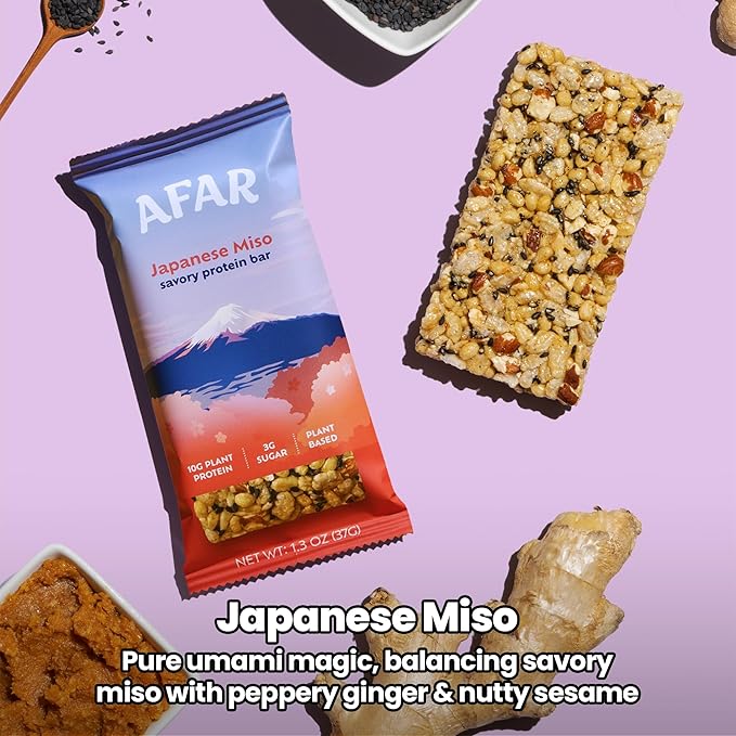 Afar Savory Protein Bars – Low Sugar, High Protein – Healthy Snacks for Adults – Meal Replacement Bar – Rice Crispy Texture – Vegan, Gluten Free (8 Bars, Japanese Miso)