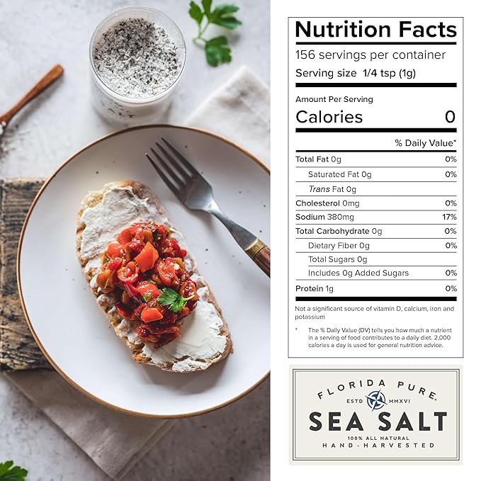 FLORIDA PURE Black Pepper Sea Salt - 80+ Mineral Sea Salt, Natural, Unrefined, Non Iodized - for Baking, Cooking, Seasoning & Enhancing Taste - Rich Taste Flaky Sea Salt (4.5 oz Jar)