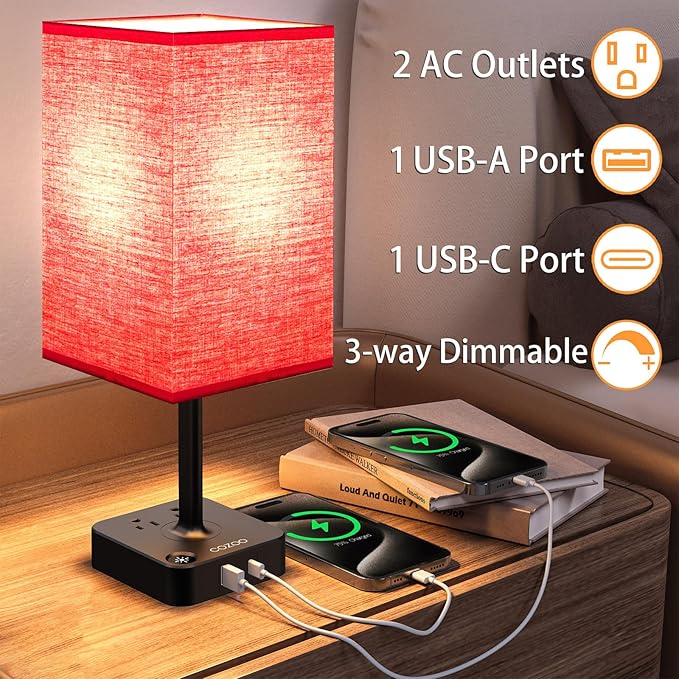 cozoo USB Bedside Table Desk Lamp with 2 USB Charging Ports and 2 Outlets Power Strip,Dimmable Table Lamp with Red Fabric Shade, LED Light for Bedroom/Nightstand