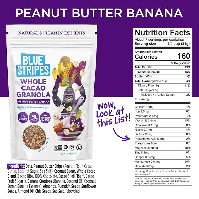 Blue Stripes Whole Cacao Granola - Gluten Free Dark Chocolate Granola for Cereal, Oatmeal, Yogurt, 5g Protein Per Serving, Source of Fiber, Vegan, Low Sugar - Peanut Butter Banana, 8 oz (3 Pack)