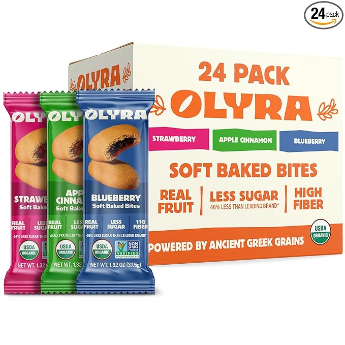 Olyra Organic Soft Baked Fruit Bars Variety Pack - High Fiber Bar - Healthy Snacks for Adults & Kids - Vegan Breakfast Bars - Office Snack - 24 Count