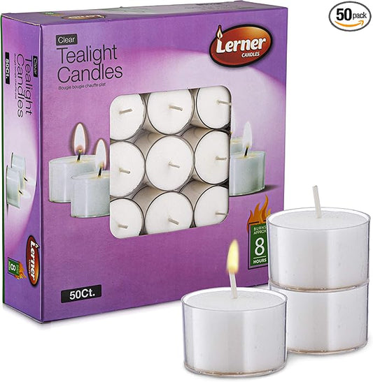 Lerner Clear Tea Lights Candles Bulk - Long Burning 8 Hour Clear Cup Tealight 50 Pack - Consistent Smkless Clean Burning - Holiday, Wedding, Spa, Emergency and Home Decoration Candles