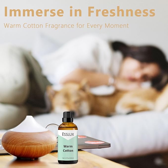 Warm Cotton Fragrance Oil, ESSLUX Large Single Scented Oils 100 ml (3.3 oz), Fresh Clean Aromatherapy Essential Oils for Home for Diffuser, Massage, Soap, Candle Making Scents