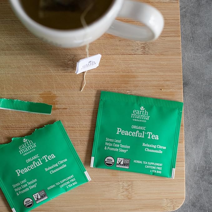 Earth Mama Organic Peaceful™ Tea | Stress Less! Calming, Relaxing Herbal Blend Safe for Pregnancy & Beyond, 16 Teabags Per Box (3-Pack)