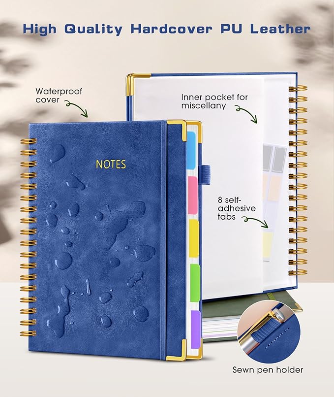 Hardcover Spiral Notebook journal with Removable Dividers Tabs, 300 Pages Leather 5 Subject Notebook College Ruled, 8"x10" Large B5 Notebooks for Work School Note taking, Lined Journal for Women,Navy