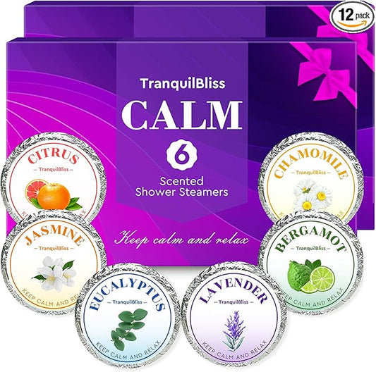 TranquilBliss Shower Steamers, Shower Bombs with Natural Fragrance, Self Care& Relaxation, Mother's Day, Christmas Birthday for Women and Mom, Individually Packaged, Purple Set 2 Packs（12 Tablets）
