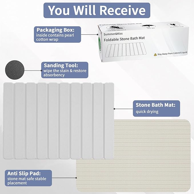 Foldable Stone Bath Mat, Quick Dry Stone Drying Mats for Bathroom, Super Absorbent Bath Mat, Non Slip, Large Diatomaceous Earth Dish Drying Mats for Kitchen Counter 23.5 x 15.4in, Off-White