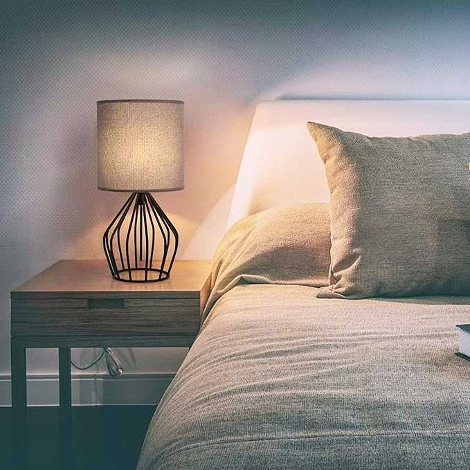 HAITRAL Farmhouse Table Lamp - Small Nightstand Lamp for Bedroom, Black Metal Cage Table Lamp for Living Room, Dorm, Office with Hollowed Out Base, Gray