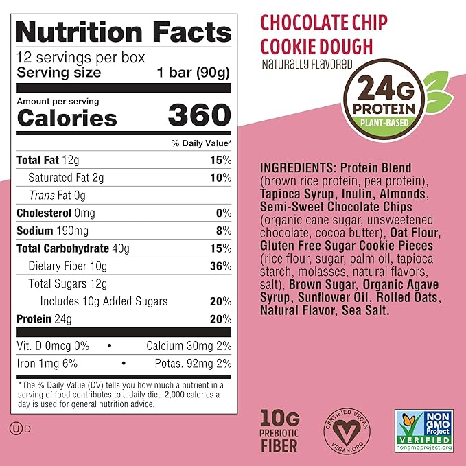 Lenny & Larry's Cookie-fied BIG BAR – Chocolate Chip Cookie Dough Vegan Protein Bars 12x90g – Healthy Snacks, 24g Plant Protein & 10g Prebiotic Fiber – Gluten free Power Bar, Keto Friendly & Vegan