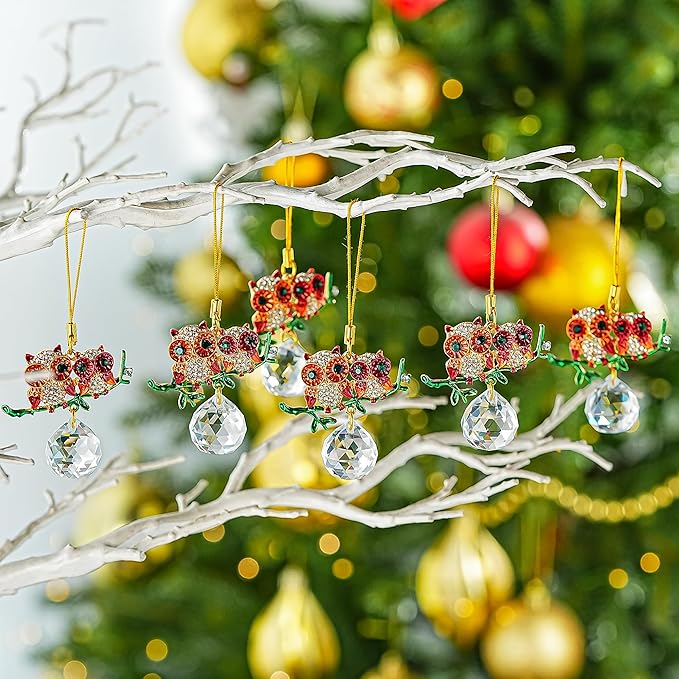 H&D HYALINE & DORA 6 Pack Owl Christmas Ornaments Mini Owl Hanging Crystal Ornament Christmas Decor Bird Ornaments for Xmas Tree Birthday Gift