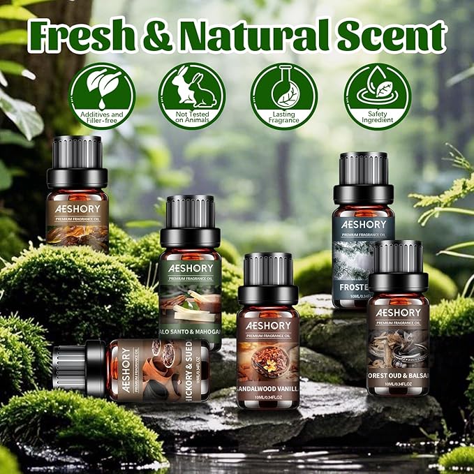 Woodland Essential Oils Set, Woody Scent Fragrance Oil Kit, Aromatherapy Oils for Diffusers (6 * 10ML), Sandalwood &Vanilla, Forested Fir,Palo Santo&Mahogany,Cedar & Amber, Oud &Balsam,Hickory&Suede