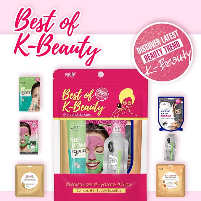 Epielle Best of K-Beauty Kit, 6 Home Spa Essentials, Exfoliating, Purifying, Moisturizing & Hydrating for Radiant Skin, At-Home Spa Kit, Self Care Gifts for Women, Korean Skin Care Set