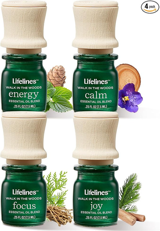Lifelines Essential Oil Blends, 4-Pack - Blended Essential Oils with Precision Pump for Aromatherapy Diffusers - Long-Lasting Scented Fragrance - Walk in The Woods (Joy, Calm, Focus & Energy)