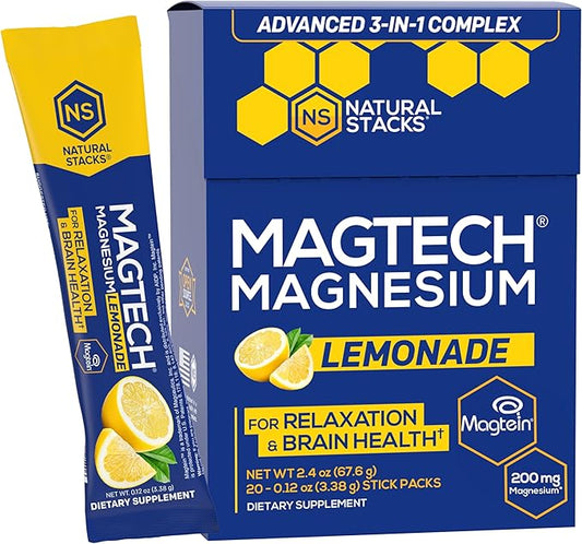 MagTech Magnesium Drink Mix - Sugar Free Lemonade - 3 Forms of Magnesium: Magtein L-Threonate, Glycinate & Taurate - 200mg Chelated Magnesium Complex - Supports Relaxation & Brain Health - 20 Servings