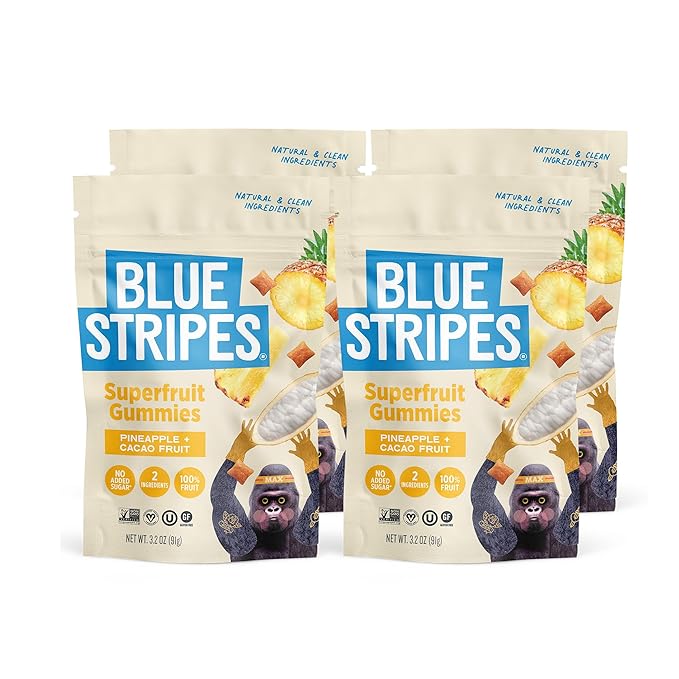 Blue Stripes Cacao Superfruit Gummies - Vegan Chewy Fruity Snack, No Sugar Added 100% Fruit Gummy, 9 Essential Vitamins & Minerals, Natural Tropical Superfood - Pineapple & Cacao, 3.2 oz (4 Pack)