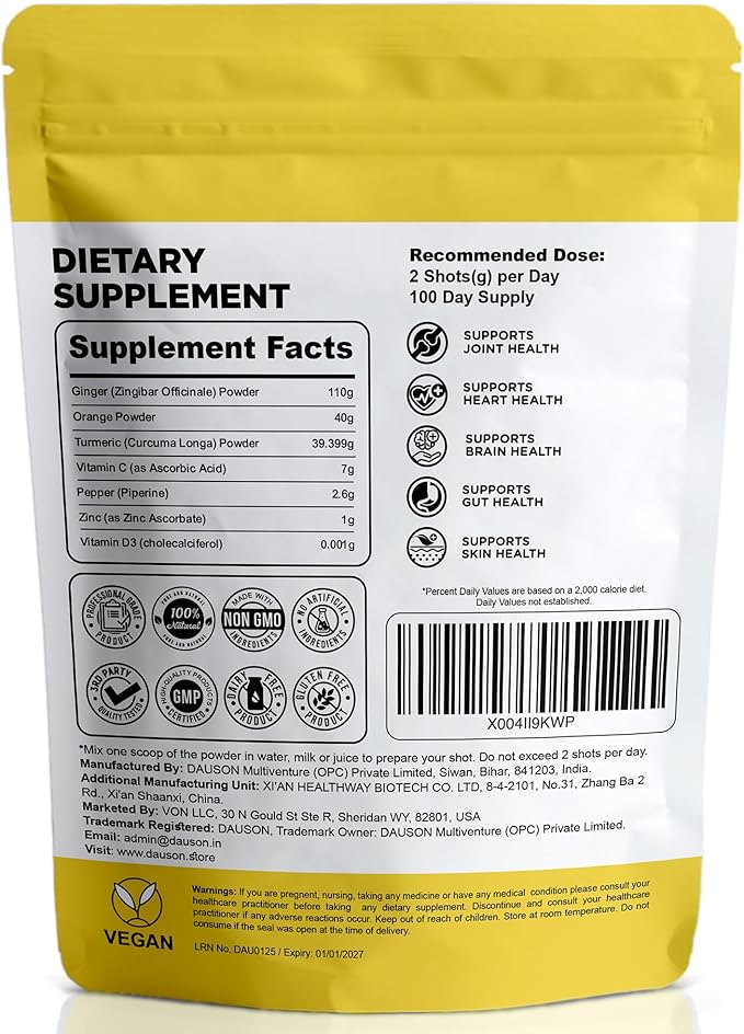 Ginger Turmeric Supplements with Piperine, Vitamin C, Vitamin D3 & Zinc | Turmeric Ginger Shots for Joint, Heart, Brain, Gut & Skin Health | 200 Servings | Ayurvedic | Powder