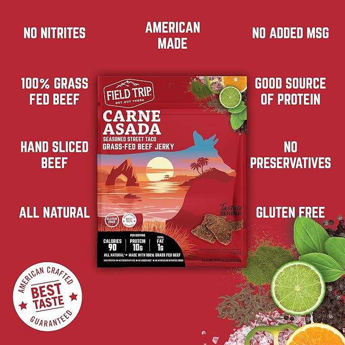 Field Trip Grass Fed Beef Jerky, Healthy Gluten Free Snacks, All Natural, High Protein, Low Carb Snack with No Nitrates, 2.2oz, 4 Pack, Carne Asada