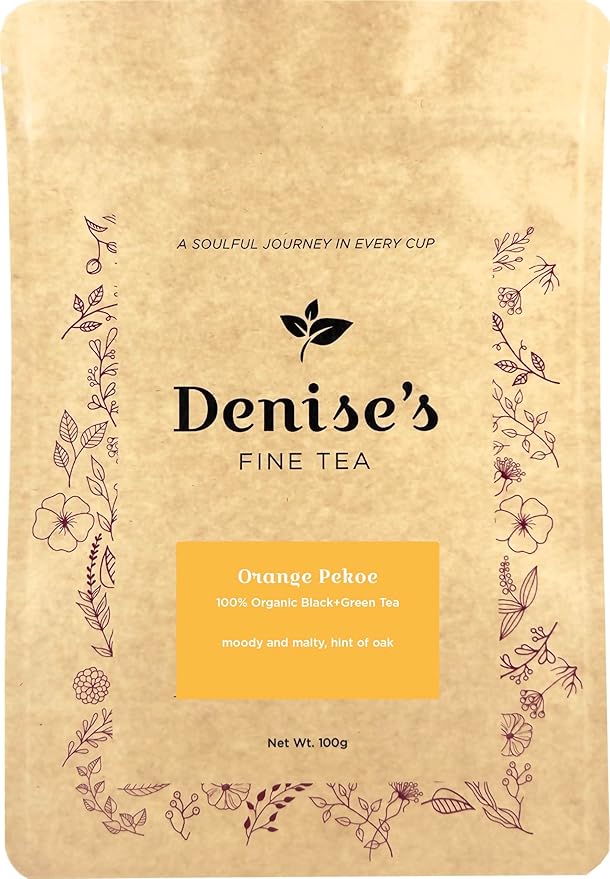 Denise's Fine Tea, USDA Organic, Orange Pekoe, Black+Green Tea, Loose Leaf (100g)