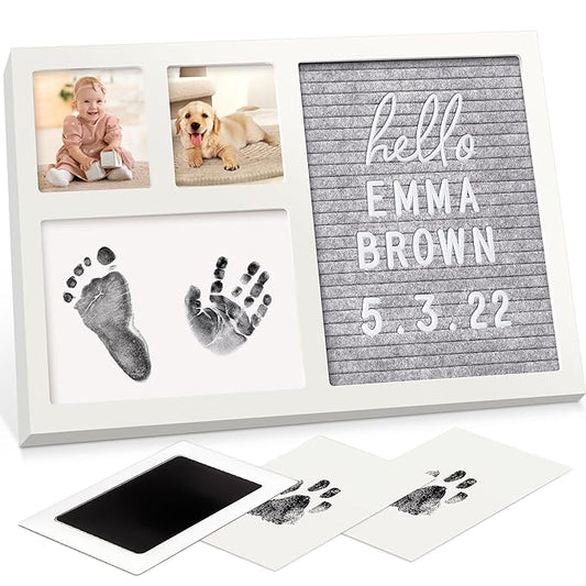 Baby Hand & Footprint Kit with Felt Letterboard, Inkless Ink Pad - Personalized New Mom Gifts for Baby Announcement, Cute Nursery Newborn Picture Frame,Ideal Dog Nose & Paw Print Kit(Alpine White)
