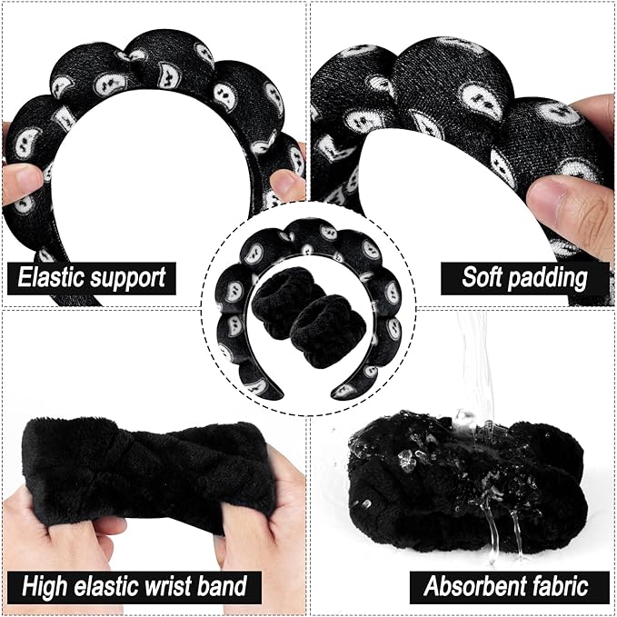 Zkptops Spa Headband for Washing Face Wristband Set Sponge Makeup SkincareVelvet Fabric Bubble Soft Get Ready Hairbands for Women Puffy Headwear Non Slip Thick Thin Hair Accessory (Black Nuts)