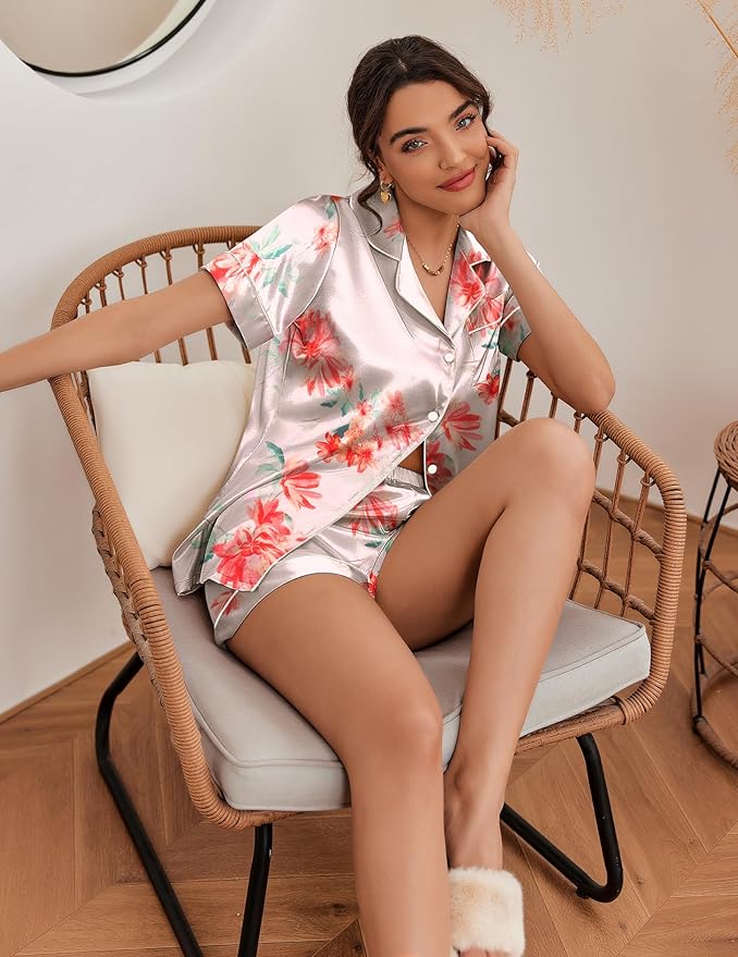 Ekouaer Silk Pajamas for Women Short Sleeve Sleepwear Soft Button Down Loungewear 2 Piece Satin Pjs Shorts Set S-XXL