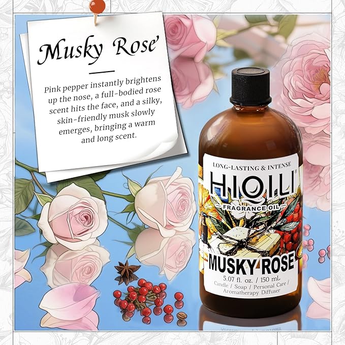 HIQILI Musky Rose Fragrance Oil for Hotel Diffuser, Luxury Scents, for Making Aromatherapy Candle, Perfume, Scented Home Decor- 5.07 Fl Oz